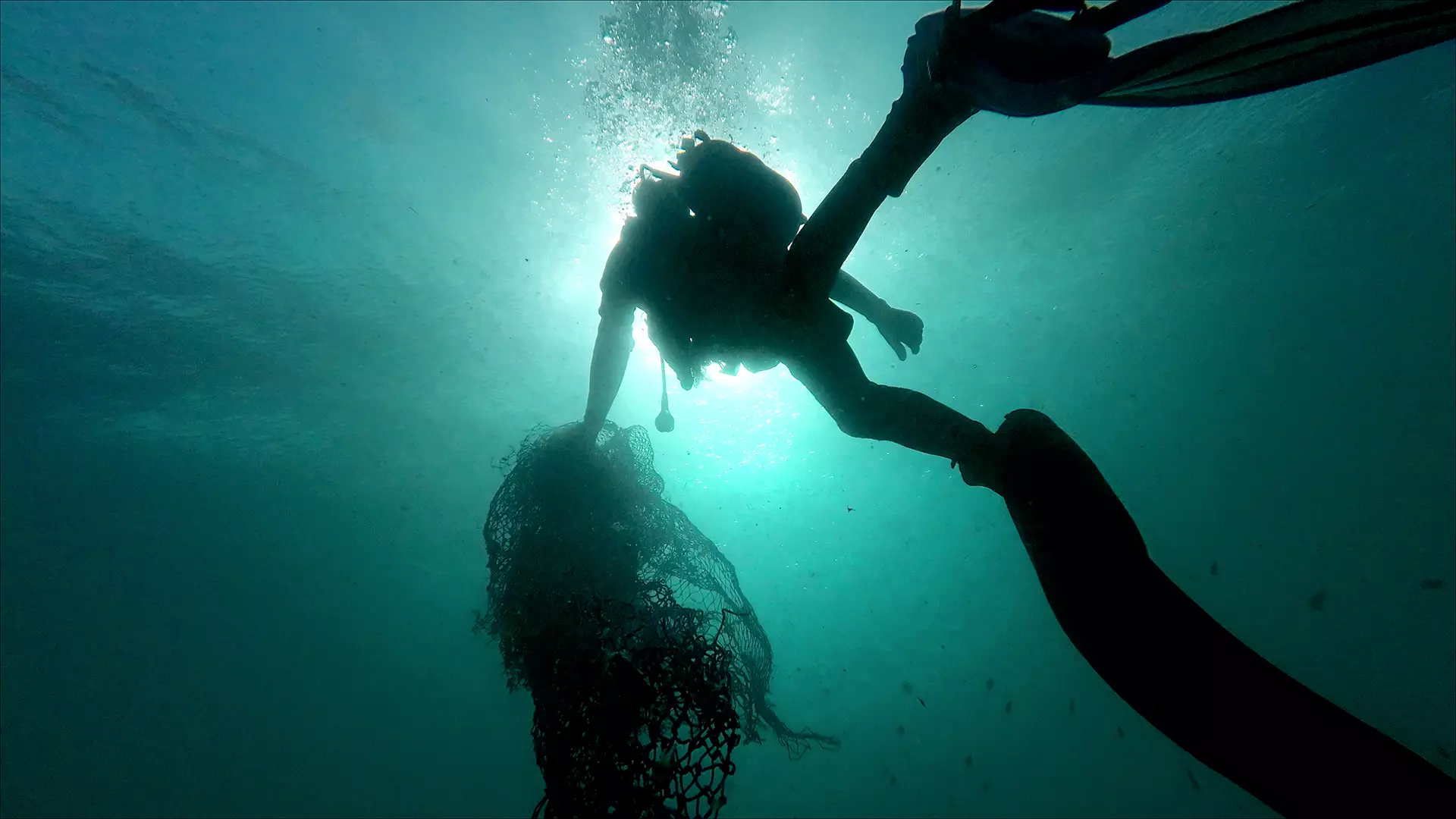Imagen de un buceador recogiendo plástico en el mar.