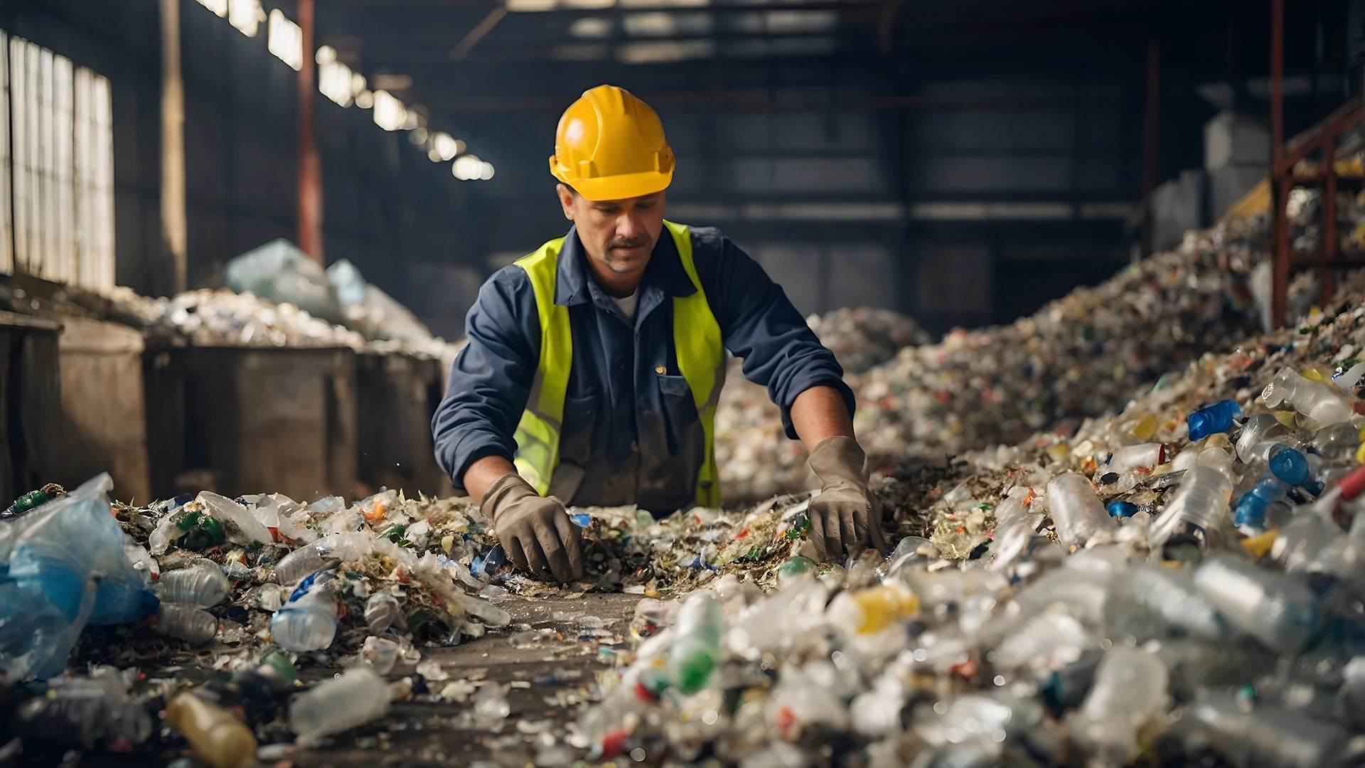 Immagine di un uomo che smista della plastica in una discarica