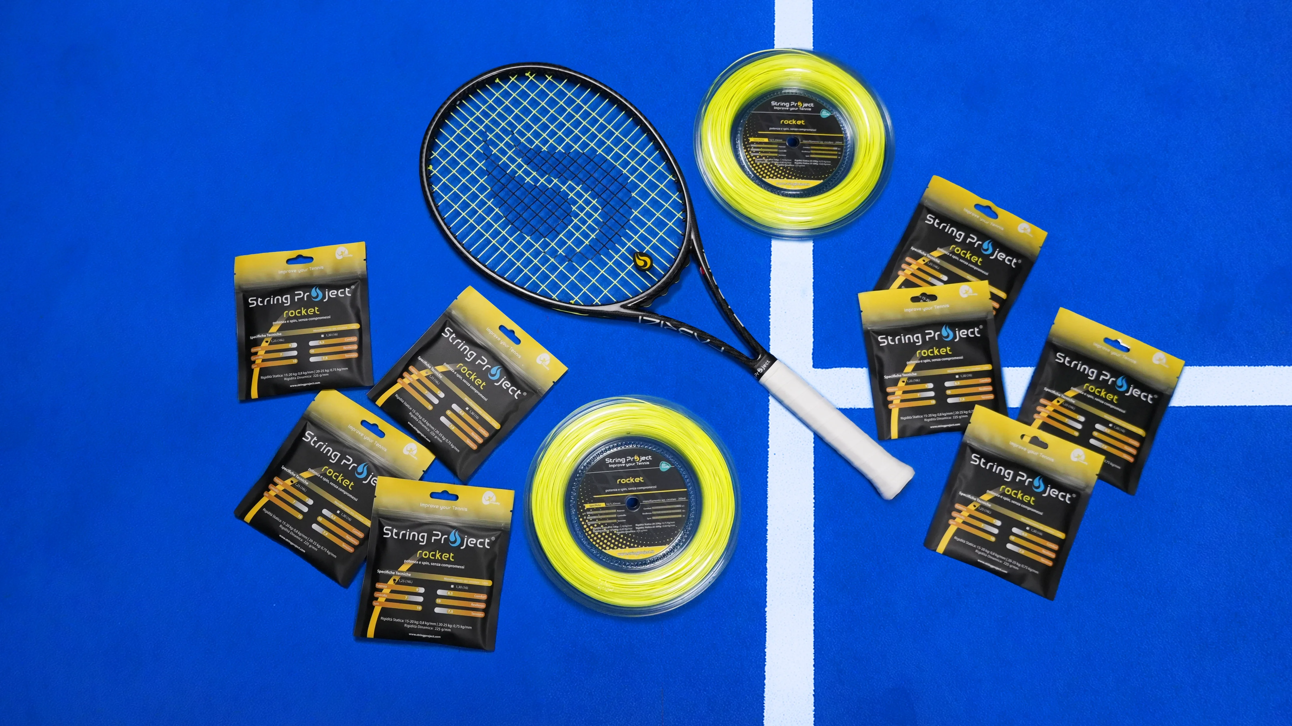String Project Rocket – yellow monofilament tennis strings with racket strung on blue court
