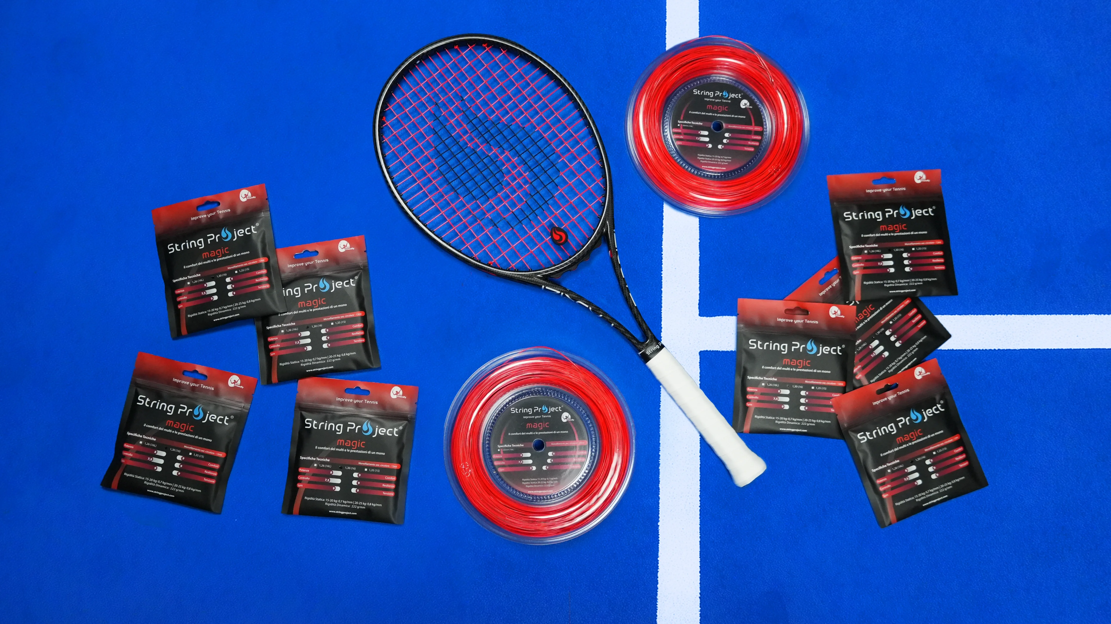 String Project Magic – red monofilament tennis strings with racket strung on blue court